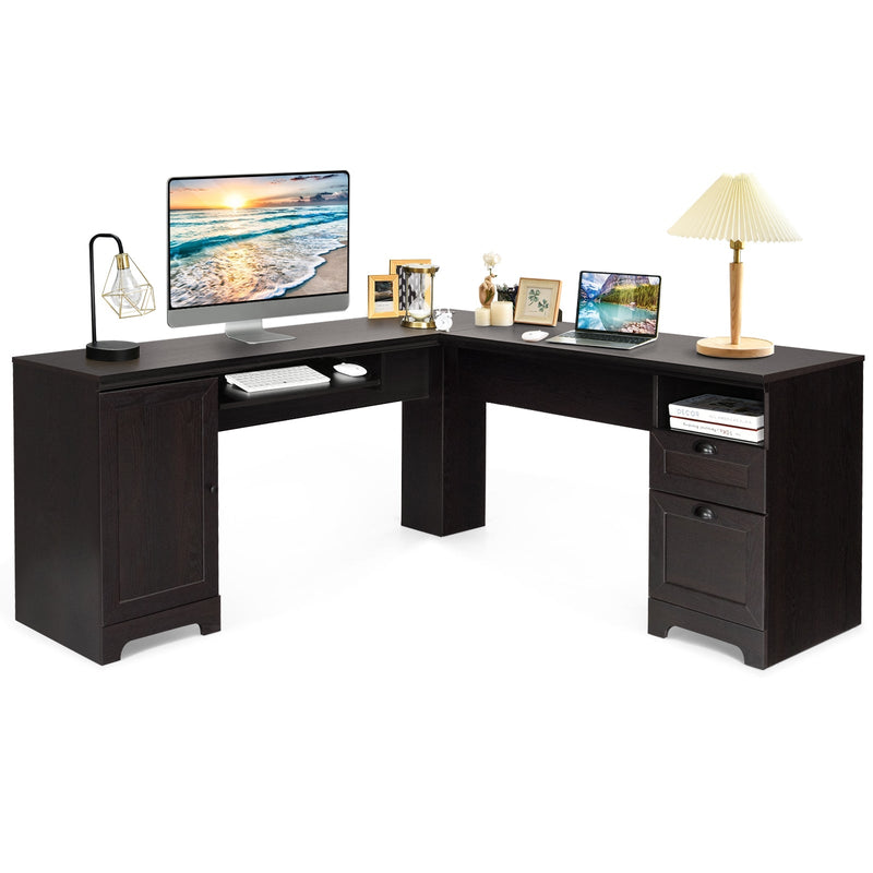 66 Inch L-Shaped Writing Study Workstation Computer Desk with Drawers-Coffee - Relaxacare