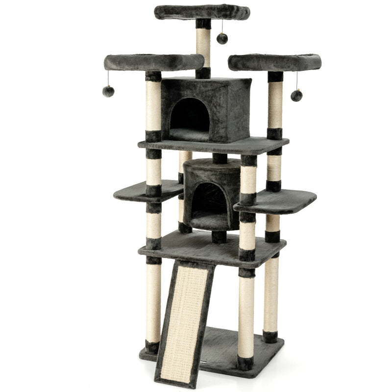67 Inch Multi-Level Cat Tree with Cozy Perches Kittens Play House-Dark Gray - Relaxacare