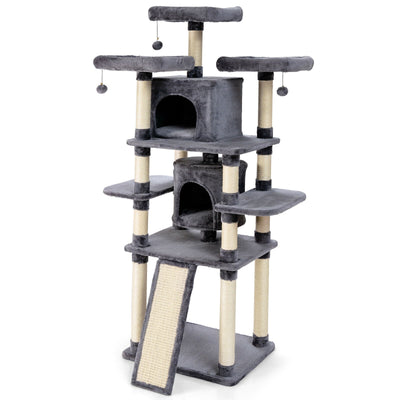 67 Inch Multi-Level Cat Tree with Cozy Perches Kittens Play House-Light Gray - Relaxacare