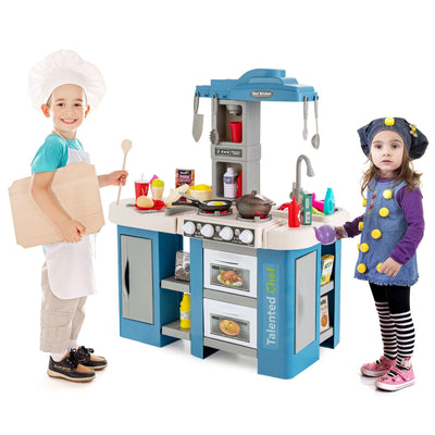 67 Pieces Play Kitchen Set for Kids with Food and Realistic Lights and Sounds-Blue - Relaxacare