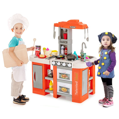 67 Pieces Play Kitchen Set for Kids with Food and Realistic Lights and Sounds-Orange - Relaxacare