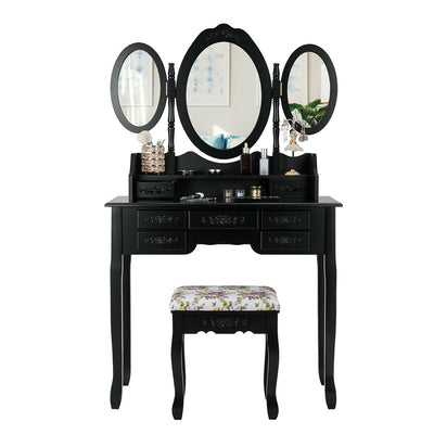 7 Drawer Tri-Folding Mirror Dressing Vanity Makeup Set-Black - Relaxacare