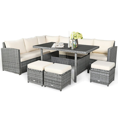 7 Pcs All-Weather Patio Rattan Dining Furniture Sectional Sofa Set with Wicker Ottoman and Cushed Couch-Off White - Relaxacare