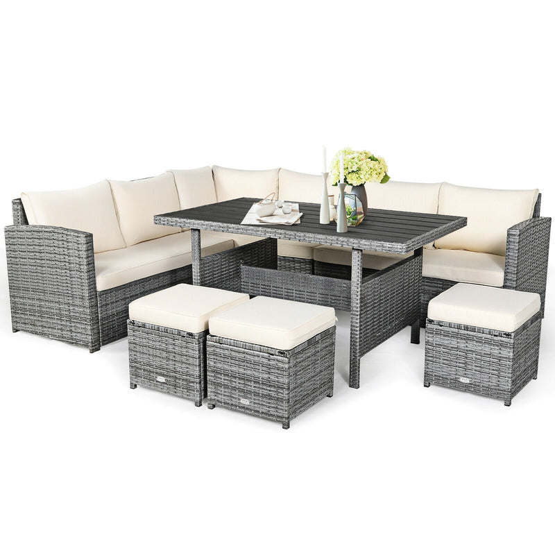 7 Pcs All-Weather Patio Rattan Dining Furniture Sectional Sofa Set with Wicker Ottoman and Cushed Couch-Off White - Relaxacare