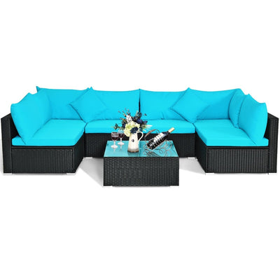 7-Piece Outdoor Sectional Wicker Patio Sofa Set with Tempered Glass Top-Turquoise - Relaxacare