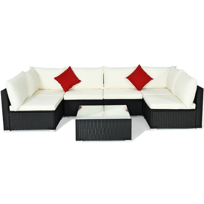 7-Piece Outdoor Sectional Wicker Patio Sofa Set with Tempered Glass Top-White - Relaxacare