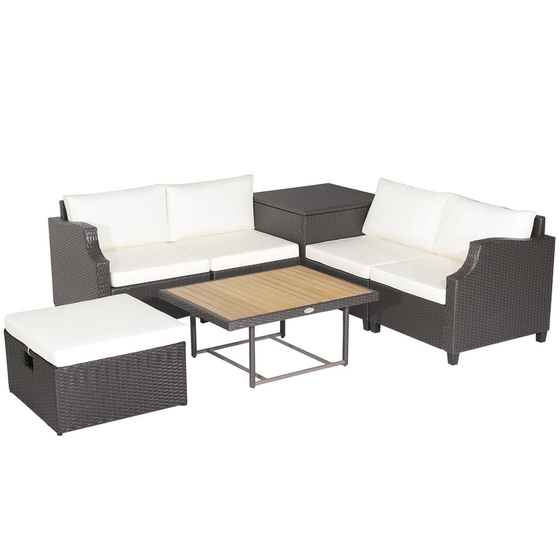 7 Pieces Hand-Woven Wicker Outdoor Furniture Set with Acacia Wood Coffee Table - Relaxacare