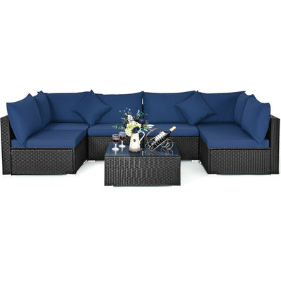 7 Pieces Outdoor Wicker Patio Sofa Set with 2 Pillows and Cushions-Navy - Relaxacare