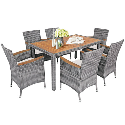 7 Pieces Patio Acacia Wood Cushioned Rattan Dining Set - Relaxacare