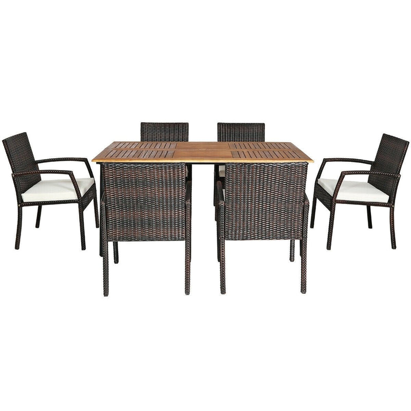 7 Pieces Patio Rattan Cushioned Dining Set with Umbrella Hole - Relaxacare