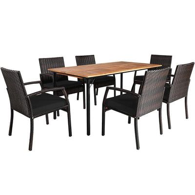 7 Pieces Patio Rattan Cushioned Dining Set with Umbrella Hole-Black - Relaxacare