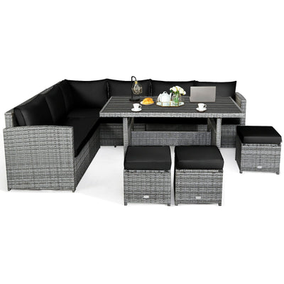 7 Pieces Patio Rattan Dining Furniture Sectional Sofa Set with Wicker Ottoman-Black - Relaxacare