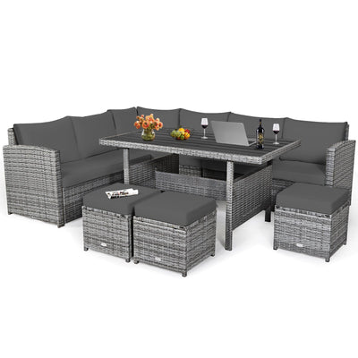 7 Pieces Patio Rattan Dining Furniture Sectional Sofa Set with Wicker Ottoman-Gray - Relaxacare