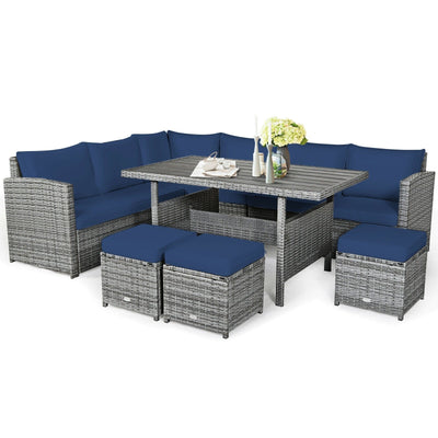 7 Pieces Patio Rattan Dining Furniture Sectional Sofa Set with Wicker Ottoman-Navy - Relaxacare