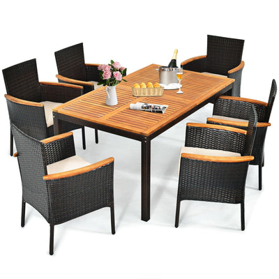 7 Pieces Patio Rattan Dining Set with Armrest Cushioned Chair and Umbrella Hole - Relaxacare
