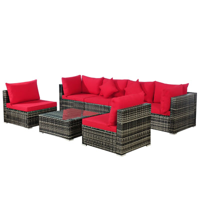 7 Pieces Patio Rattan Furniture Set Sectional Sofa Garden Cushion-Red - Relaxacare