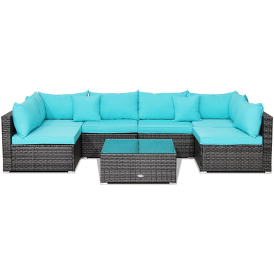 7 Pieces Patio Rattan Furniture Set Sectional Sofa Garden Cushion-Turquoise - Relaxacare