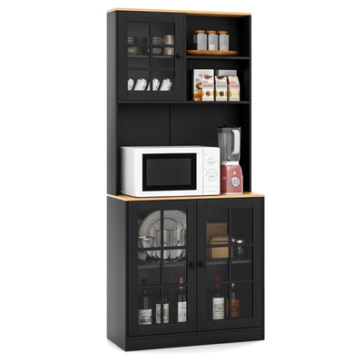 72 Inch Freestanding Pantry Cabinet with Hutch and Adjustable Shelf-Black - Relaxacare