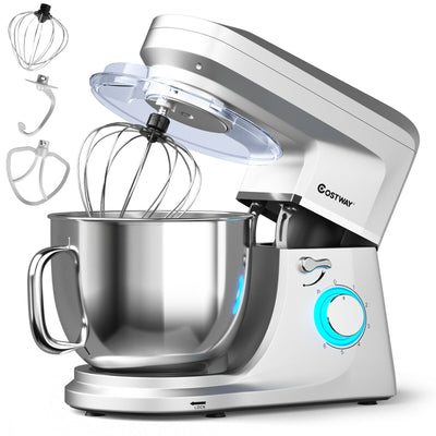 7.5 QT Tilt-Head Stand Mixer 6 Speed 660W with Dough Hook Beater -Silver - Relaxacare