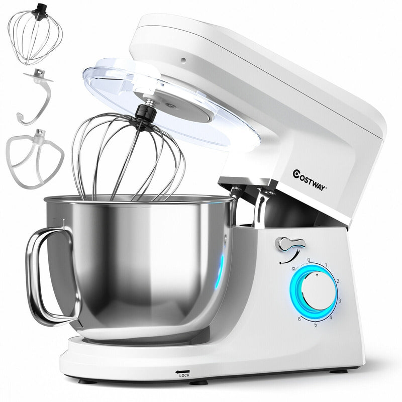 7.5 QT Tilt-Head Stand Mixer 6 Speed 660W with Dough Hook Beater -White - Relaxacare