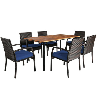 7Pcs Patio Rattan Cushioned Dining Set with Umbrella Hole-Navy - Relaxacare