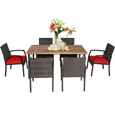 7Pcs Patio Rattan Cushioned Dining Set with Umbrella Hole-Red - Relaxacare