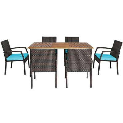 7Pcs Patio Rattan Cushioned Dining Set with Umbrella Hole-Turquoise - Relaxacare