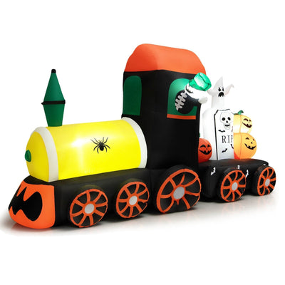 8 Feet Halloween Inflatable Skeleton Ride on Train with LED Lights - Relaxacare