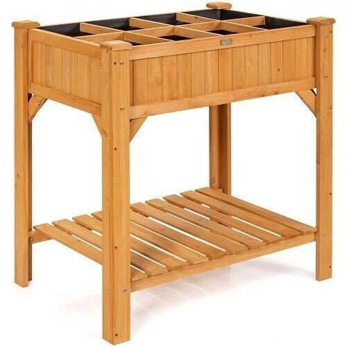 8 Grids Wood Elevated Garden Planter Box Kit with Liner and Shelf - Relaxacare