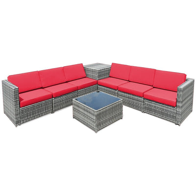 8 Piece Wicker Sofa Rattan Dinning Set Patio Furniture with Storage Table-Red - Relaxacare