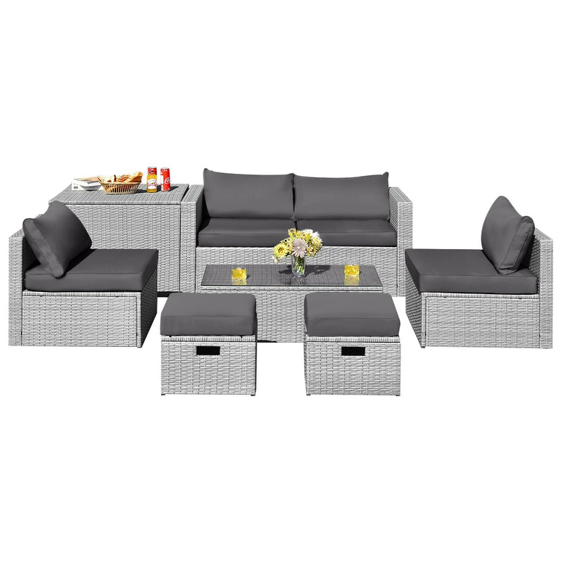 8 Pieces Patio Rattan Furniture Set with Storage Waterproof Cover and Cushion-Gray - Relaxacare