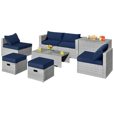 8 Pieces Patio Rattan Furniture Set with Storage Waterproof Cover and Cushion-Navy - Relaxacare