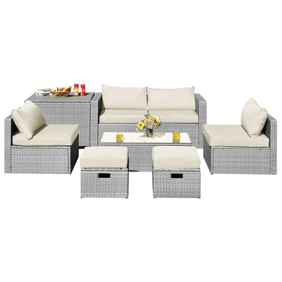 8 Pieces Patio Rattan Furniture Set with Storage Waterproof Cover and Cushion-Off White - Relaxacare