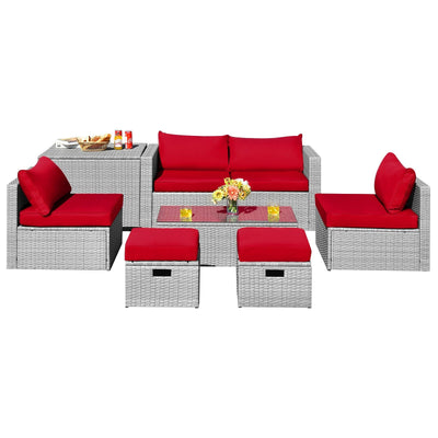 8 Pieces Patio Rattan Furniture Set with Storage Waterproof Cover and Cushion-Red - Relaxacare
