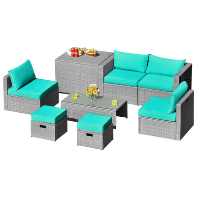 8 Pieces Patio Rattan Furniture Set with Storage Waterproof Cover and Cushion-Turquoise - Relaxacare