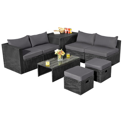 8 Pieces Patio Rattan Storage Table Furniture Set-Gray - Relaxacare