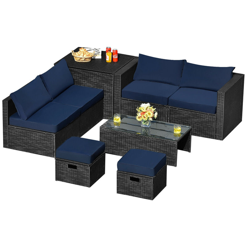 8 Pieces Patio Rattan Storage Table Furniture Set-Navy - Relaxacare