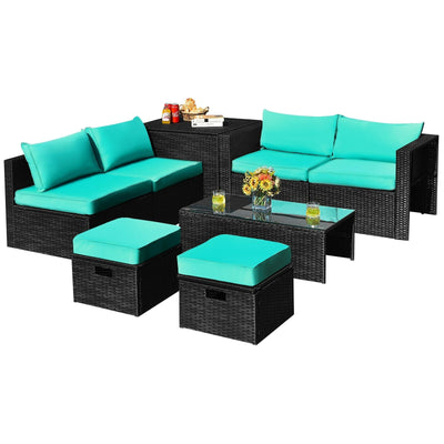 8 Pieces Patio Rattan Storage Table Furniture Set-Turquoise - Relaxacare