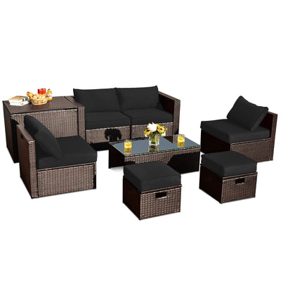 8 Pieces Patio Space-Saving Rattan Furniture Set with Storage Box and Waterproof Cover - Relaxacare
