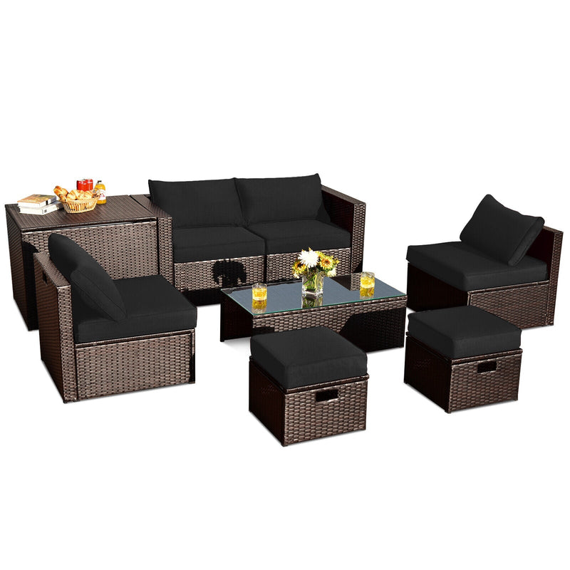 8 Pieces Patio Space-Saving Rattan Furniture Set with Storage Box and Waterproof Cover - Relaxacare