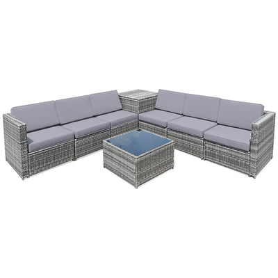 8 Pieces Wicker Sofa Rattan Dining Set Patio Furniture with Storage Table-Gray - Relaxacare