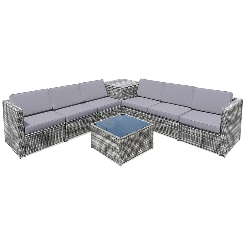 8 Pieces Wicker Sofa Rattan Dining Set Patio Furniture with Storage Table-Gray - Relaxacare