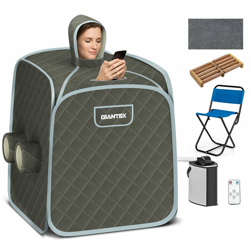 800W 2 Person Portable Steam Sauna Tent SPA with Hat Side Holes 3L Steamer-Gray - Relaxacare