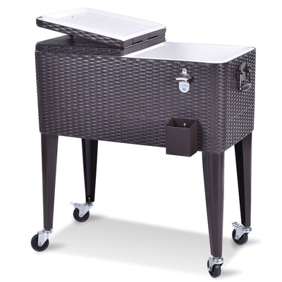80QT Outdoor Party Portable Rattan Rolling Cooler Cart - Relaxacare