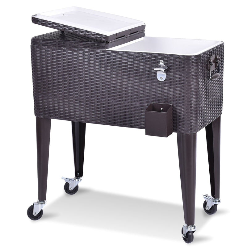 80QT Outdoor Party Portable Rattan Rolling Cooler Cart - Relaxacare