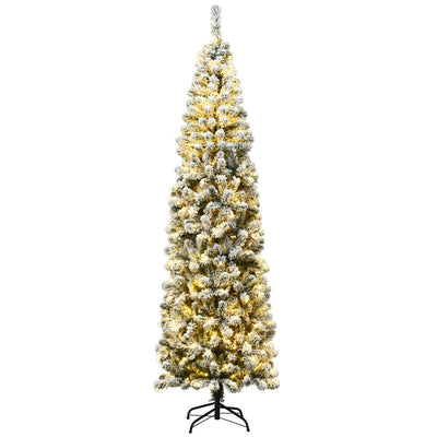 8.8 Feet Pre-lit Snow Flocked Artificial Pencil Christmas Tree with LED Lights - Relaxacare