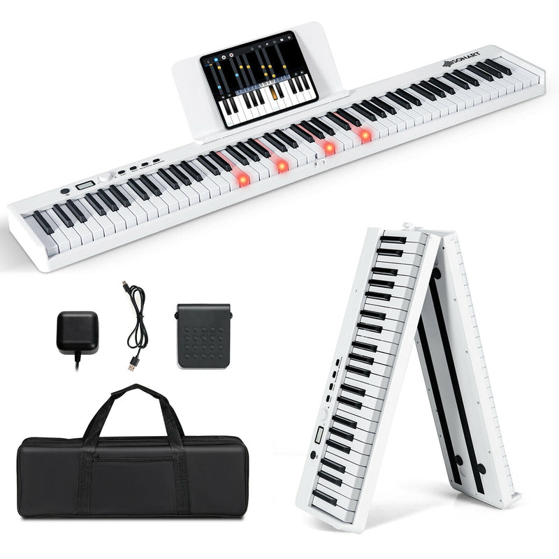 88-Key Folding Semi Weighted Full Size Lighted Piano Keyboard-White - Relaxacare