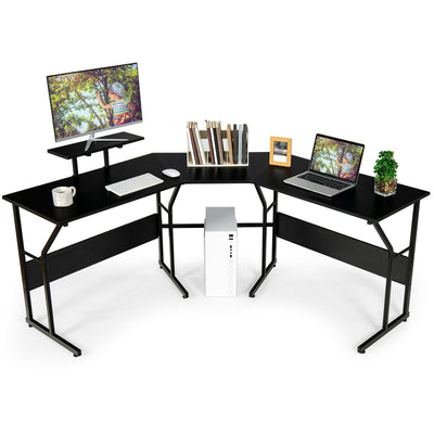 88.5 Inch L Shaped Reversible Computer Desk Table with Monitor Stand-Black - Relaxacare