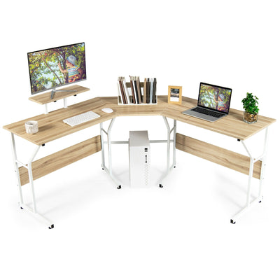 88.5 Inch L Shaped Reversible Computer Desk Table with Monitor Stand-Natural - Relaxacare