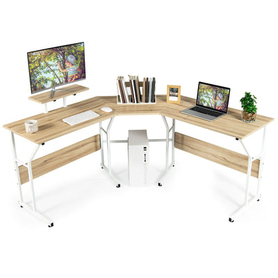 88.5 Inch L Shaped Reversible Computer Desk Table with Monitor Stand-Oak - Relaxacare